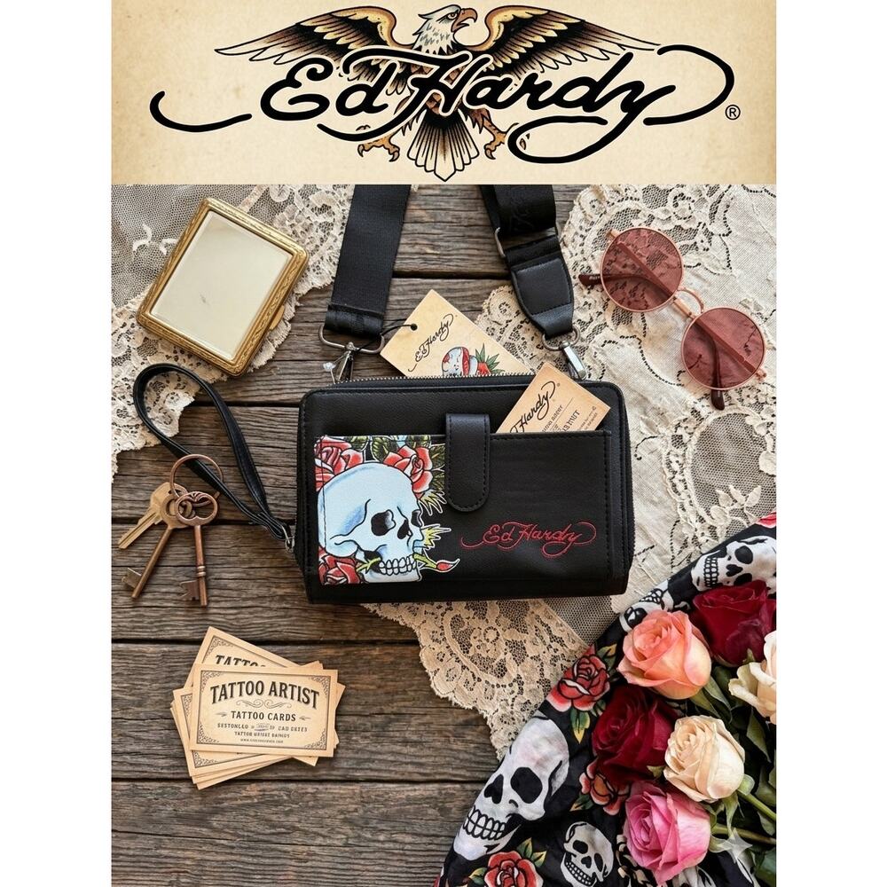 Ed Hardy Skull & Roses Crossbody Wallet NWOT
